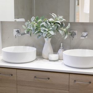 Twin circular hand washing basins in the bathroom vanity